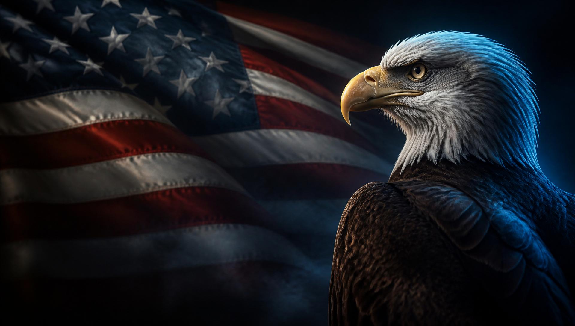 Majestic American bald eagle in front of a waving American flag, lit with cinematic electric-blue rim light — Infinite Power Systems services hero.