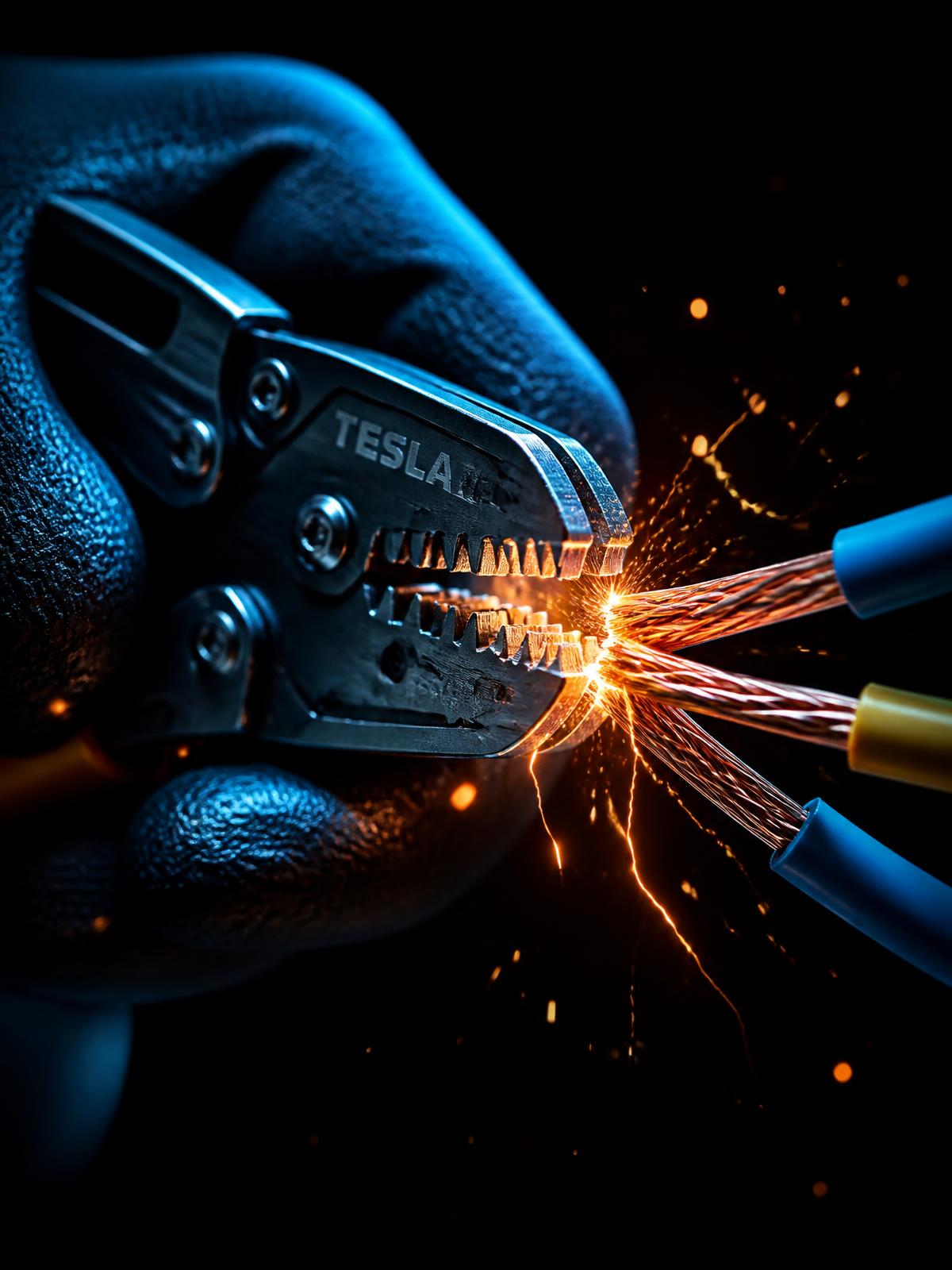 Electrician crimping copper wires with sparks in a dark workspace